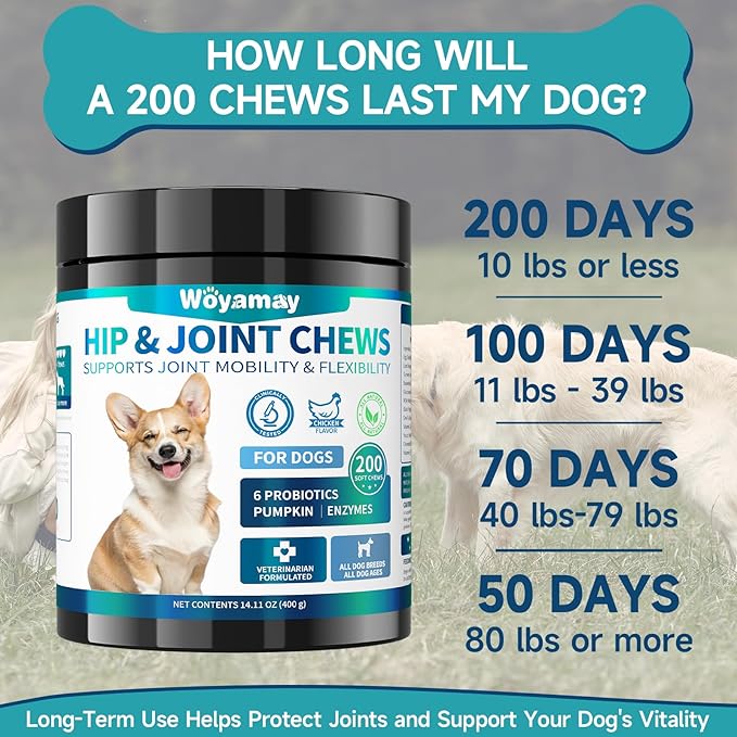 Glucosamine for Dogs, 200pcs Dog Hip and Joint Supplement Dogs with, MSM, Chondroitin, Vitamins C & E, Dog Joint Supplement Large Breed, Dog Joint Chew Treats, Chicken Flavor