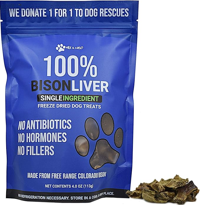 Max and Neo Freeze Dried Bison Liver Dog Treats - Single Ingredient, Free Range North American Bison, Human Grade - We Donate 1 for 1 to Dog Rescues for Every Product Sold