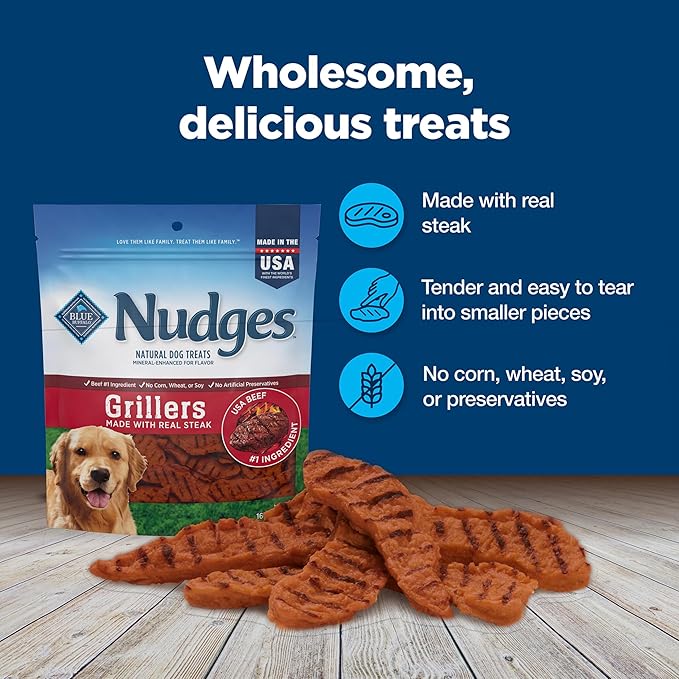 Blue Buffalo Nudges Grillers Natural Dog Treats, Made in the USA with Real Steak, 16-oz Bag (Pack of 5)
