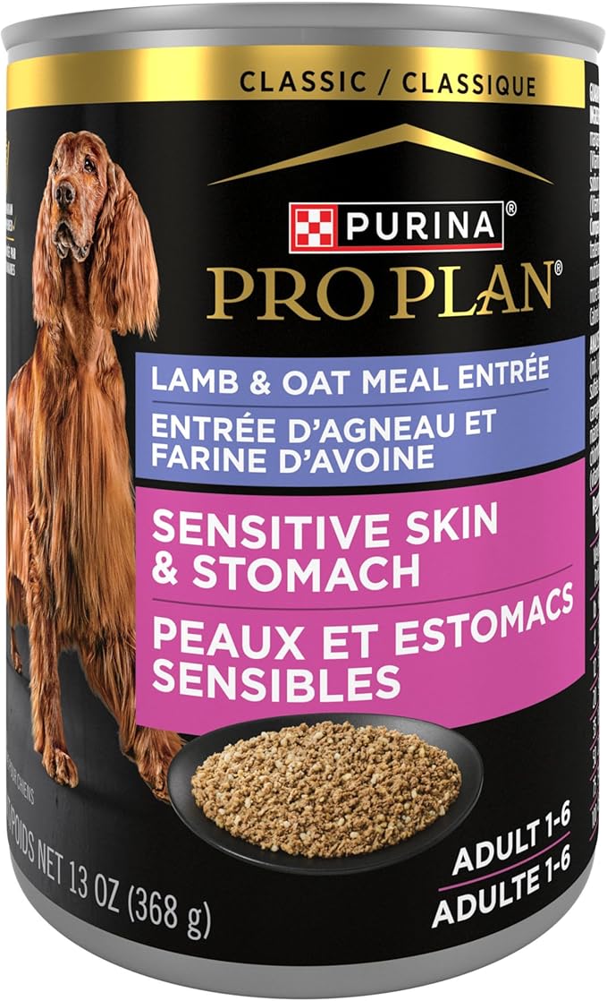 Purina Pro Plan Sensitive Skin and Stomach Dog Food Wet Classic Pate Lamb and Oat Meal Entrée - 13 oz. Cans,(Pack of 24)