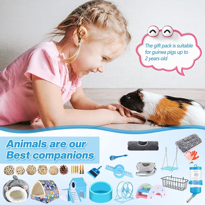 Teenyyou 24 Pcs Small Guinea Pig Starter Kit Essentials for Hamster Cage Accessories Toys House Bed Cage Cleaner Food Bowl Water Holder Carrier Bag Teething Toys Liner Tunnel for Beginner(Blue)