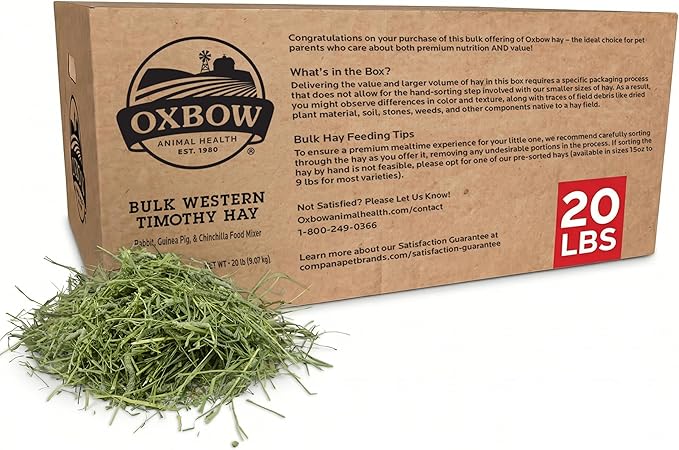 Oxbow Timothy Hay, Rabbit & Guinea Pig Hay, High Fiber for Digestive Health, Grown in The USA, Veterinarian Recommended Small Pet Supplies, Bulk Food for Rabbits, Guinea Pigs, & Chinchillas, 20 lbs