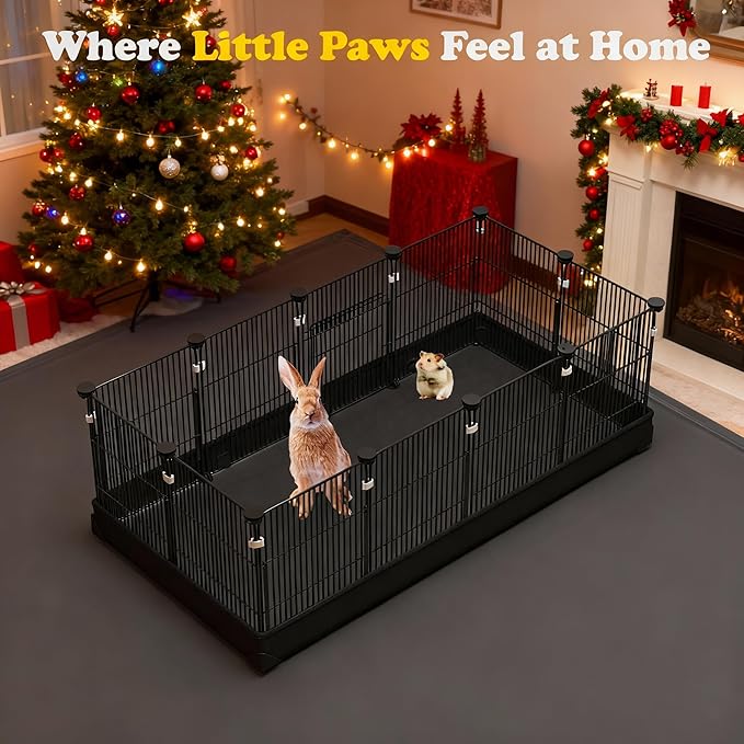 22 Panels Small Animal Playpen, Rabbit Cage with Doors & Waterproof Mat, Metal Wire Yard Fence, The Guinea Pig Cages for Hamsters, Chicken, Hedgehogs, Indoor Outdoor C&C Cage (22PCS-Black-with mat)