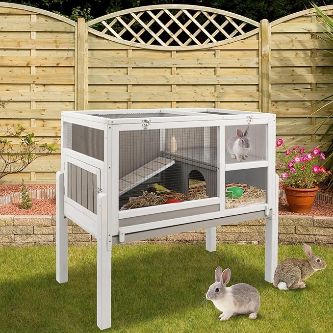 Ketive Rabbit Hutch Indoor, Wooden Bunny Hutch with Stand, Rabbit Cage with Ramp and Hideout, Small Animals Cage Habitat with Not Leakage Pull Out Tray for Rabbits, Guinea Pigs, Hamsters