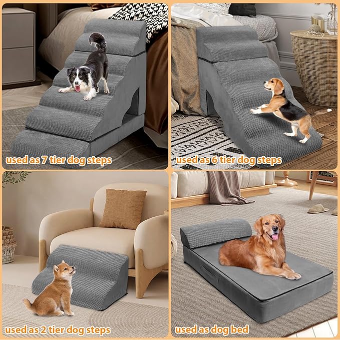 A.FATI 7 Tier Dog Stairs for High Beds, 34" H Non-Slip Foam Dog Steps, 30D Foam Doggie Ramp, 3 in 1 Pet Stair & Bed for Small/Elderly Dogs/Cats, Dark Gray