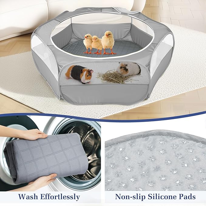 2-in-1 Small Animals Playpen with Pad, Waterproof Small Pet Cage Tent with Reusable Pad, Portable Outdoor Yard Fence with 3 Metal Rod for Chick/Kitten/Puppy/Guinea Pig/Rabbits/Chinchillas, Gray+Gray