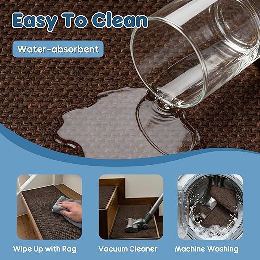 Peel and Stick Self Adhesive Jute Carpet Stair Treads, 15 Pack Rubber Backed Basement Safety Stair Mats, Non Slip Stair Cover Step Pads for Stairs, Deep Brown