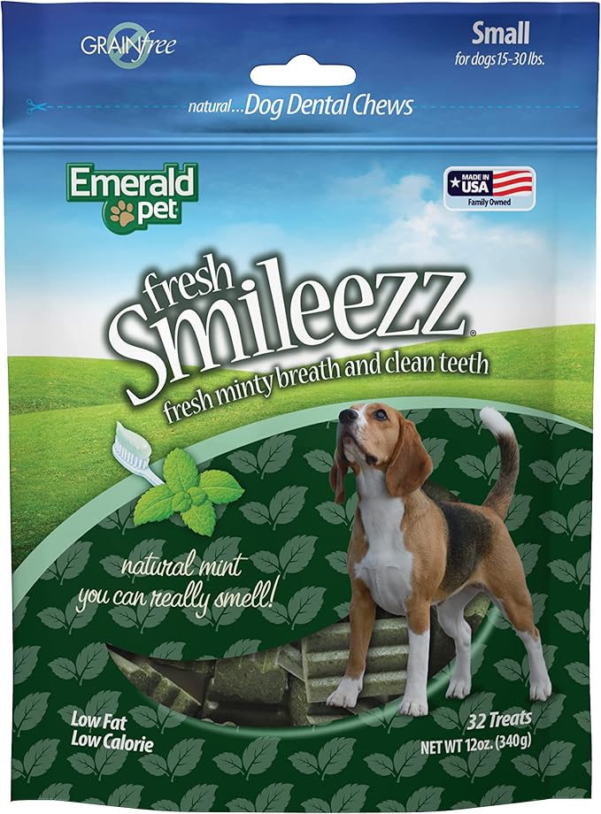 Emerald Pet Fresh Smileezz Grain Free Dog Dental Treats — Minty Fresh Breath and Clean Teeth for Puppies and Small Dog Breeds — Made in USA Small, 12 Oz