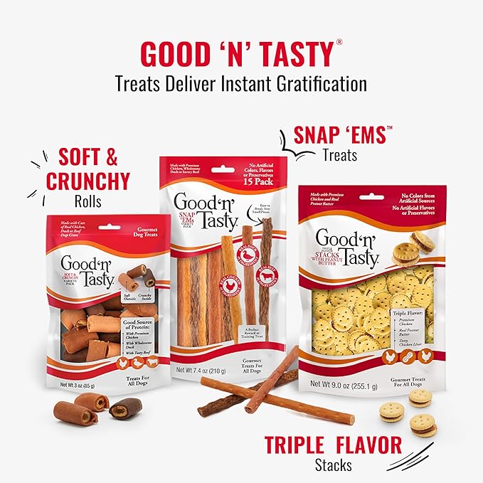 Good ‘n’ Tasty Triple Flavor Wag-A-Toni Bites, Low-Calorie Pasta-Shaped Dog Treats, Made with Real Chicken, Tasty Chicken Liver & Real Peanut Butter, Perfect Reward or Training Treat, 12 oz
