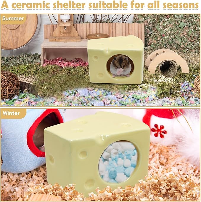 PINVNBY 4PCS Hamster Hideout Set Ceramic Cheese Shape Hamster Food Bowl Water Bottle Holder & 125ML Water Bottle Hamsters House for Dwarf Robo Campbell Gerbil and Other Small Animals