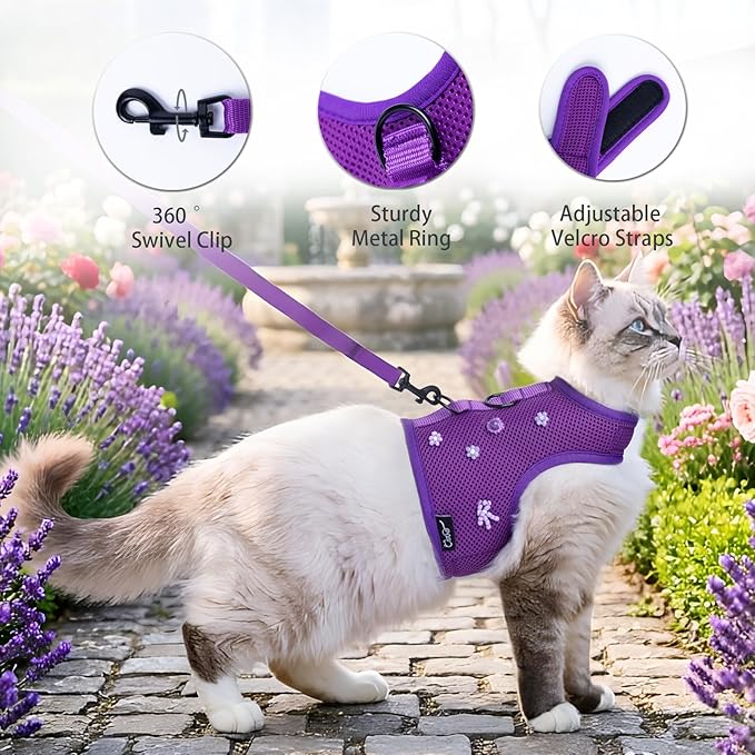 Cat Harness and Leash for Walking Escape Proof Breathable Mesh Fabric, Purple, XX-Large, Adjustable Cat Walking Jackets with DIY Beads, Padded Stylish Cat Vest