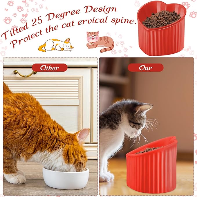 Mumufy 2 Pcs Ceramic Elevated Cat Bowls Tilted Elevated Raised Pet Bowls Anti Vomit Cat Dish for Indoor Stress Free Water Dish Feeder for Puppies, Heart Shaped (Red, Green)