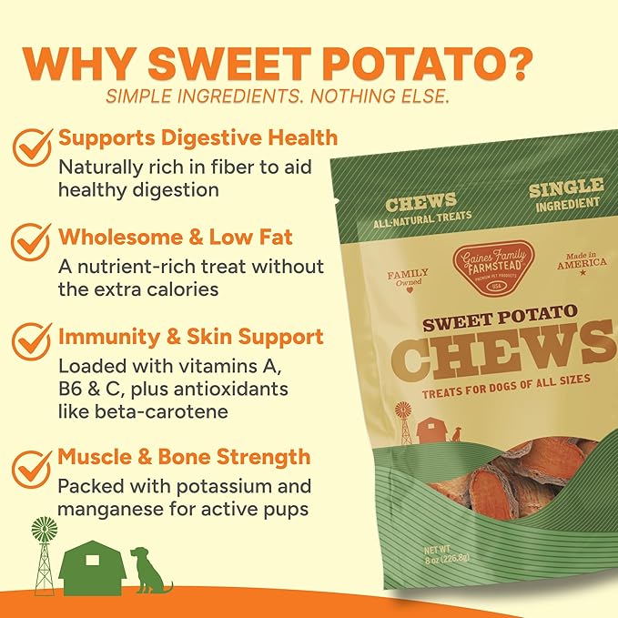 Gaines Family Farmstead Sweet Potato Chews for Dogs, 4 Pack - 32 oz Bags – Single Ingredient Sweet Potato Dog Treats, High Fiber, Grain-Free, Rawhide Alternative, Vitamin-Rich, Made in The USA