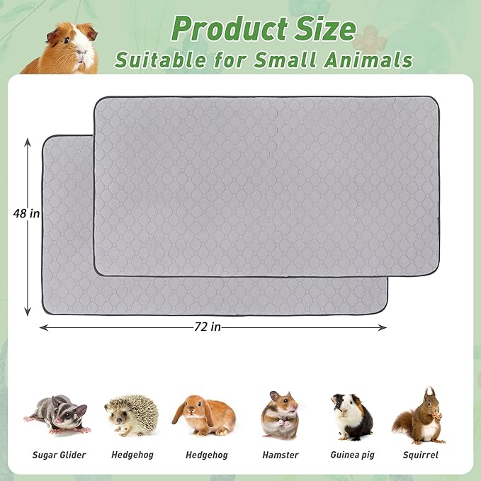 2Pack Guinea Pig Cage Liners, 48''X72'' Washable Guinea Pig Pee Pads, Non Slip Reusable Super Absorbent Guinea Pig Training Mat Bedding Fleece for Small Animals Hamster Rabbit Chinchilla Rat