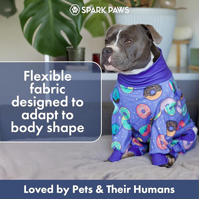 Spark Paws Dog Pajama, Dog Recovery Suit Male, Onesie, Ultra-Soft and 4-Way Stretch, for Small Medium and Large Breeds - Donuts - S