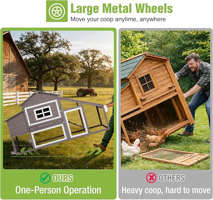 GUTINNEEN Chicken Coop with Wheels, Expandable Hen House Poultry Cage with Run, UV-Protected Roof, Divided Nesting Boxes, Easy One-Person Move, Ideal for 2 Adult Chickens or 4 Bantams, 72.3" L, Brown