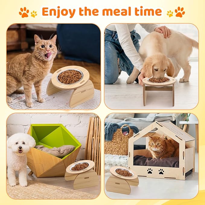 Blushtier 4 Pcs Elevated Stainless Steel Cat Bowls Bamboo Cats Feeding Station Stand, 15°Tilted 5.7 Inches Shallow Wide Raised Metal Cat Bowls for Pet Water Food Shelf Dishes for Indoor Cats Puppy