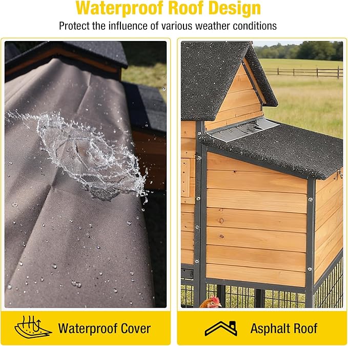 Large Chicken Coop with Upgraded Metal Frame, Wooden Poultry Cage with Outdoor Run, Chicken Tractor with Wheels, Pull Out Trays, Asphalt Roof & Lockable Nesting Box for Chickens Ducks Rabbits