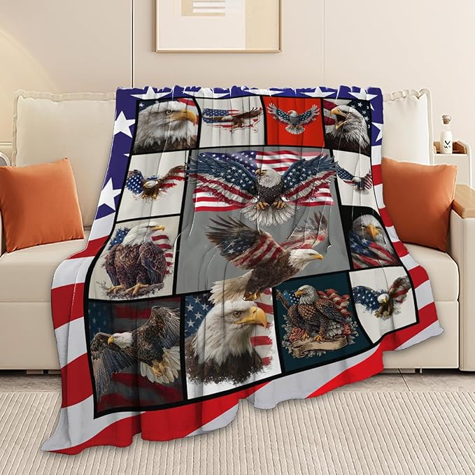 Eagle Throw Blanket American Flag Bald Eagle Stuff Gifts for Kids Girls Boys Adults Women Men Soft Cozy Warm Plush Fluffy Fuzzy Fleece Blanket Decor 40''X50''