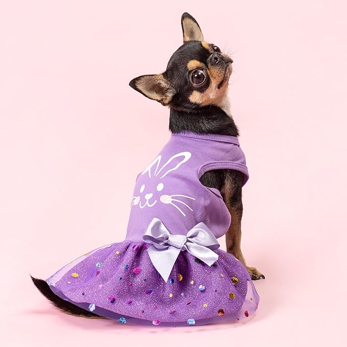Fitwarm Easter Bunny Dog Dress, Holiday Dog Clothes for Small Dogs Girl, Pet Easter Outfit, Purple, White, Medium