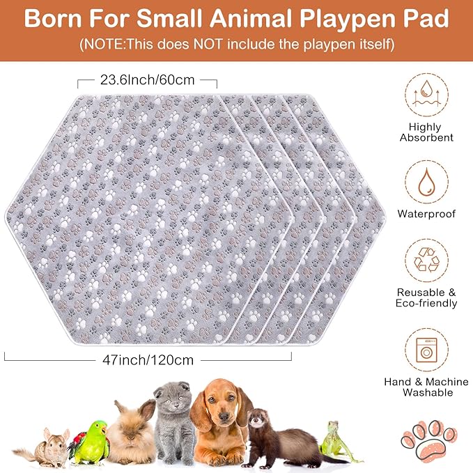 Preboun 4 Pcs 47 in Guinea Pig Playpen Pad Waterproof Hexagon Mat Reusable Dog Playpen Liner for Small Animal Rabbit Cage Tent Pee Pad Washable Yard Fence(Gray Paw)