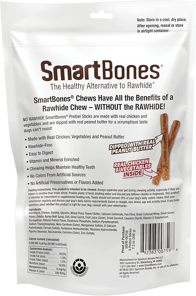 SmartBones Pretzel Sticks Dipped with Real Peanut Butter Dog Chews, 7.3 oz., Count of 8 (Pack of 6)