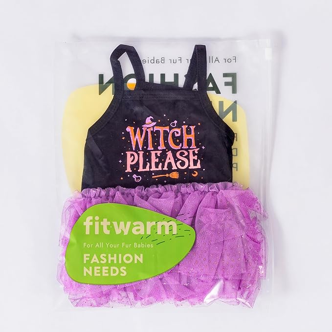 Fitwarm Witch Please Halloween Dog Tutu Dress, Funny Halloween Costumes for Small Girl Dogs, Pet Outfit, Black, Purple, XXS