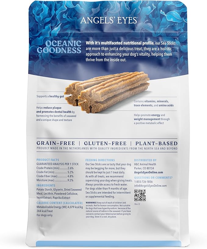 Angels’ Eyes Sea Sticks Multi-Benefit Daily Dog Treats with Brown Seaweed Gut Health & Metabolic Support Grain-Free, Gluten-Free, Plant-Based North Sea Large 6ct