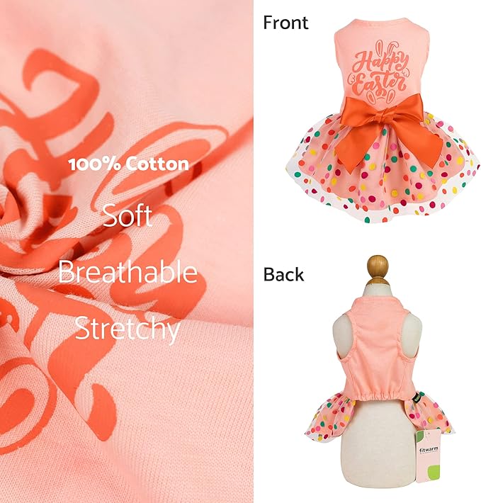 Fitwarm Happy Easter Day Dog Dress 100% Cotton Girl Dog Clothes Easter Bunny Dogs Dresses Pet Apparel Doggie Tutu with Bowknot Cat Clothing Puppy Dresses Doggy Costume Attire Orange Large