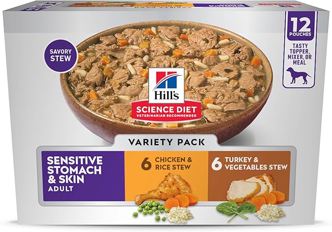 Hill's Science Diet Sensitive Stomach & Skin, Adult 1-6, Stomach & Skin Sensitivity Support, Wet Dog Food, Variety Pack: Chicken, Turkey Stew, 2.8 oz Pouch, Case of 12