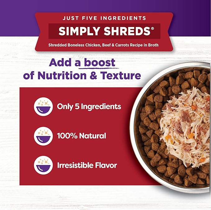 Wellness Bowl Boosters Simply Shreds Wet Dog Food Topper for Small, Medium, & Large Breeds, Grain Free, Natural, Chicken, Beef & Carrots, 2.8 Ounce Pouch (Pack of 12)