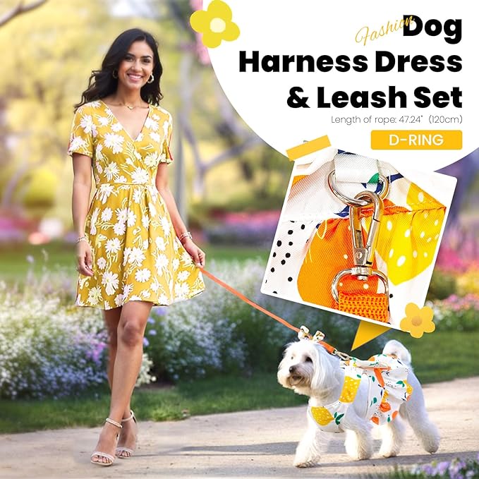ABRRLO Cute Dog Dress Small Dog Clothes for Girls Female Puppy Outfits Yellow Lemon Pet Summer Clothes Bowknot Doggy Cat Princess Dress Harness for Holiday Birthday Party Costume Clothing(Yellow,L)
