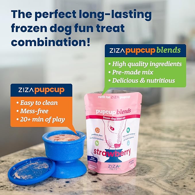 ZIZA PUPCUP Blends - Frozen Dog Treats Mix, Dog Ice Cream, Natural Ingredients, High-Protein, Pre-Made Ice Cream Mix, Refill for The PUPCUP, Real Fruit Pieces, 7 Servings for Large Dogs, Strawberry