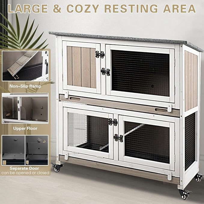 Ketive 36" L Rabbit Hutch Indoor with 4 Metal Wheels, 2-Story Wooden Bunny Hutch Outdoor Bunny Cage, 2 Deeper Pull-Out Trays, Ramp, Rabbit Cage Guinea Pig Pet House for Small Animals