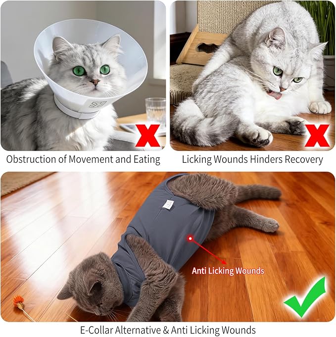 HEYWEAN Cat Recovery Suit Soft Onesie After Surgery for Female Male Cats Breathable Spay Abdominal Wound Protection Cone Alternative (Grey, Medium)