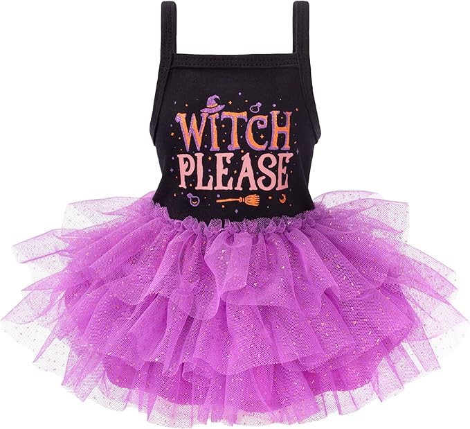 Fitwarm Witch Please Halloween Dog Tutu Dress, Funny Halloween Costumes for Small Girl Dogs, Pet Outfit, Black, Purple, XXS