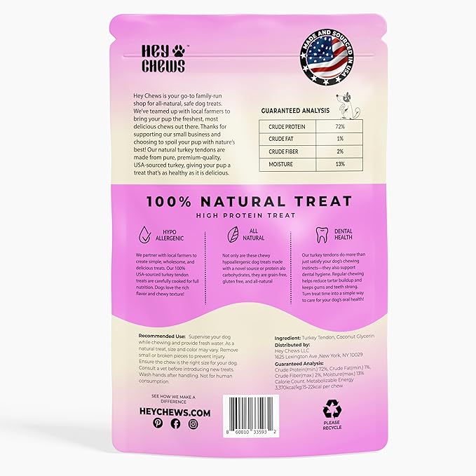 Turkey Tendons for Dogs - Turkey Dog Treats, Tenderloin - Made in The USA -Hypoallergenic Treats for Dogs - 6 oz