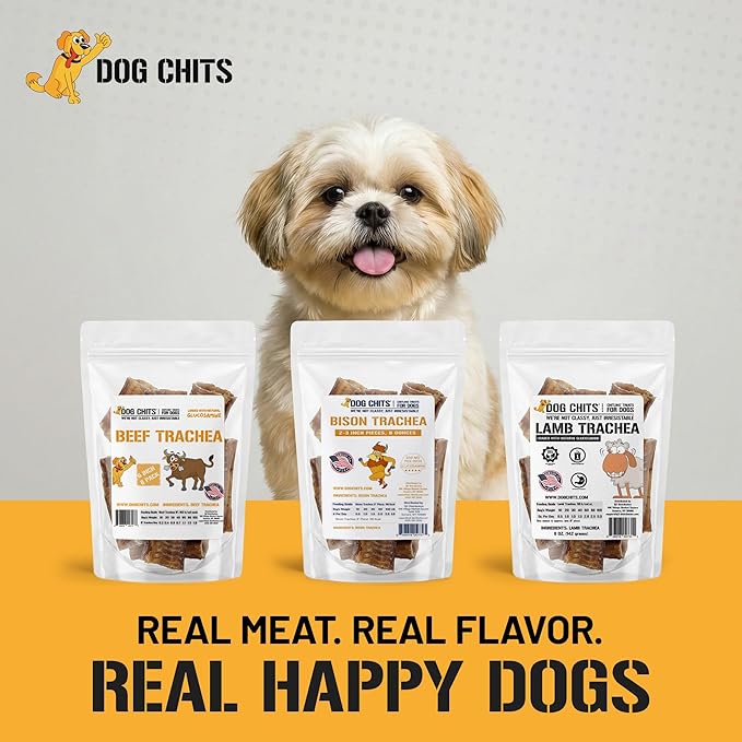 Dog Chits Bison Trachea Dog Treats - 100% Single Ingredient, High Protein, Lower Fat - Glucosamine for Joint Support - Dental-Clean Crunch - Gentler on Digestion Than Beef - 2-3 inch, 8 oz