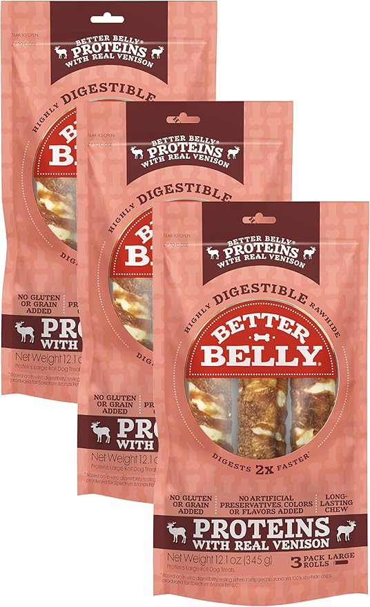 Better Belly Proteins with Real Venison Large Rolls 3 Count, Digestible Rawhide for Dogs, 12.1 Ounce (Pack of 3)