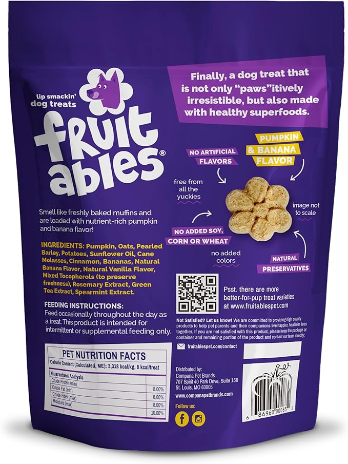 Fruitables Pumpkin & Banana Dog Treats - Healthy Baked Low-Calorie Snacks for Dogs - Crunchy, Wheat-Free - 7 oz (6 Pack)