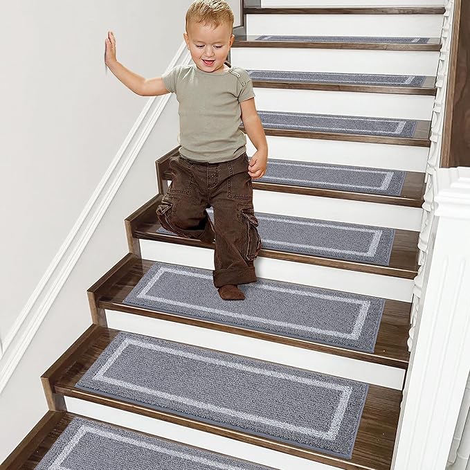 COSY HOMEER Soft Stair Treads Non-Slip Carpet Mat 28inX9in Indoor Stair Runners for Wooden Steps, Stair Rugs for Kids and Dogs, 100% Polyester TPE Backing 10pcs,Grey