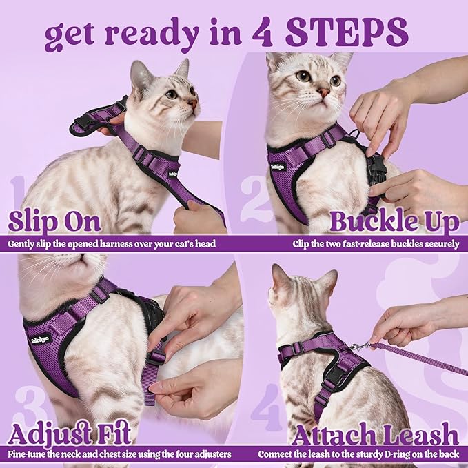 rabbitgoo Cat Harness and Leash for Walking, Escape Proof Soft Adjustable Vest Harnesses for Cats, Easy Control Breathable Reflective Strips Jacket, Purple, XS