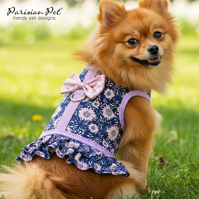 Parisian Pet Floral Dog Harness Dress - Breathable No Pull Puppy Dress with Leash Ring - 100% Mesh Fabric Harnesses for Dogs - Soft Padded Step in Pet Vest - All Weather Dog Harness for Large Dogs