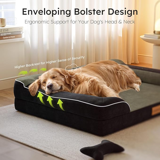 Dog Beds for Large Dogs, Orthopedic Dog Bed with Cooling Gel Memory Foam, Waterproof Large Pet Bed with Removable Washable Cover, 36" Pet Sofa Couch Dutch Velvet with Bone Toy, Black