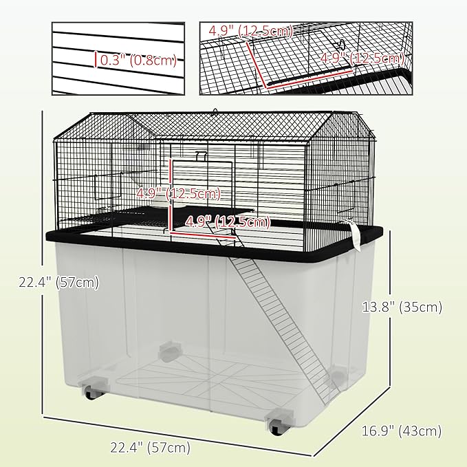 PawHut Hamster Cage, Gerbil Cage 2 Tier with Wheels, Deep Bottom, Ramp, Food Dish, Water Bottle, for Dwarf Hamster, 57 x 43 x 57cm - Black