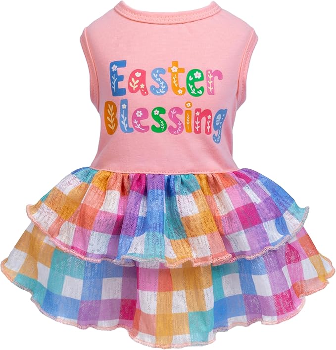 Fitwarm Easter Blessing Dog Dress, Easter Outfit for Small Dogs Girl, Colorful Pet Clothes, Pink, Blue, Orange, White, XS
