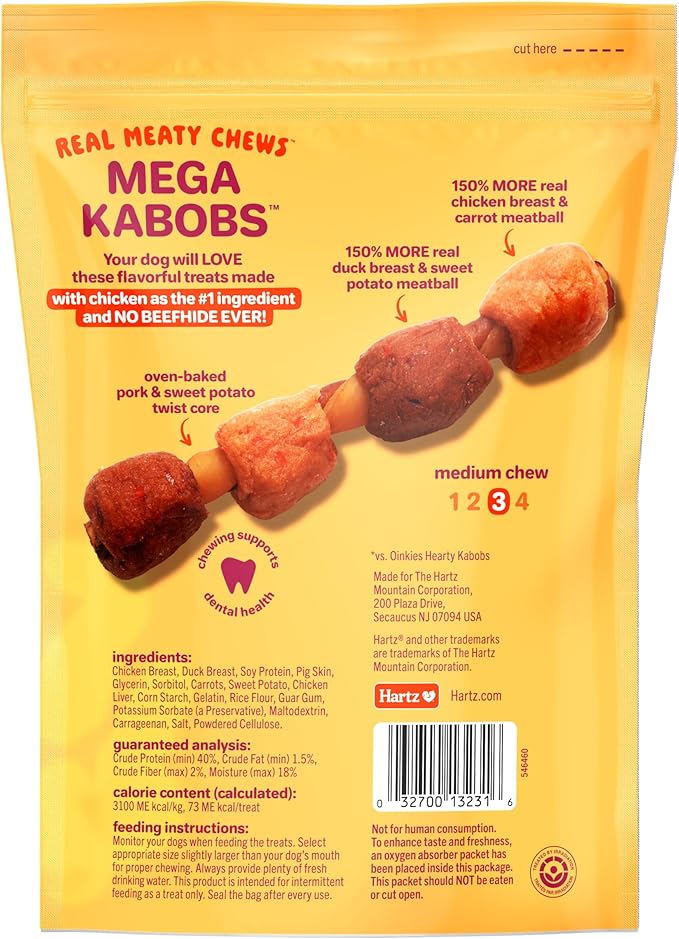 Hartz Oinkies Mega Kabobs with 100% Real Chicken Breast, Duck, Carrot & Sweet Potato Flavorful Beefhide-Free Natural Dog Treats, 8 Count
