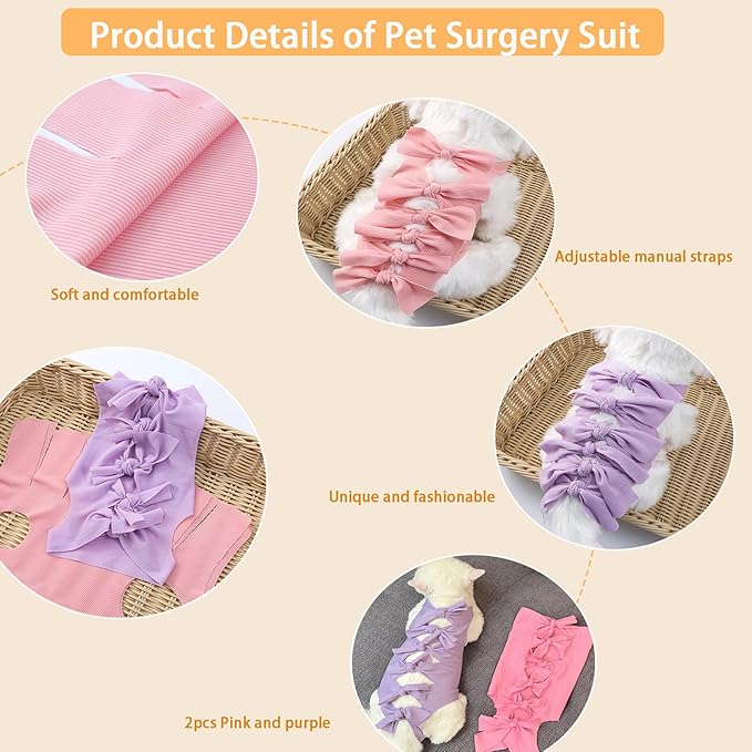 Cat Sterilization Recovery Suit, 2pcs Pet Surgical Recovery Suit for Cats and Dogs, Post-Surgery Wound Care Onesie, Soft Breathable Elastic Fabric, Pink and Purple