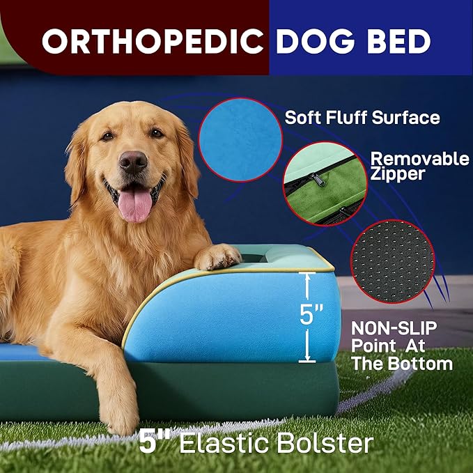 Comfort Expression Orthopedic Dog Bed for Large Dogs 36x27 Inch, Waterproof Egg Crate Foam Large Pet Bed with Removable Bolsters, Dog Couch with Washable Cover & Non-Slip Bottom, Dallas