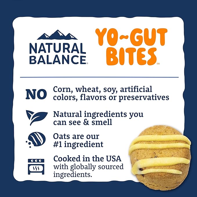 Natural Balance Yo-Gut Bites Crunchy Dog Treats with Real Pumpkin & Cranberries, Greek Yogurt Drizzle, Probiotics for Digestive Support, 10oz Bag